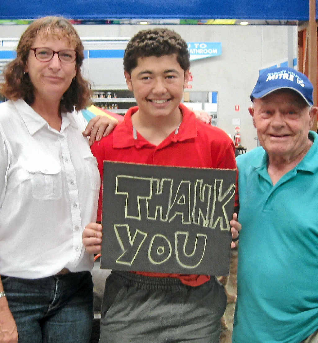 HELPING HAND: Carer Ellie Jones with Ryley Howell, thanking Ted Senior for his encouragement and support with Ryley’s project and goal to begin his own business. HELPING HAND: Carer Ellie Jones with Ryley Howell, thanking Ted Senior for his encouragement and support with Ryley’s project and goal to begin his own business.